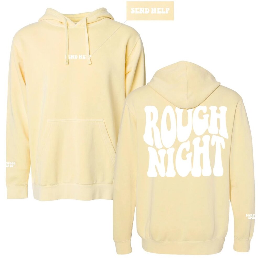 Barstool Sports Yellow Hoody: "Send Help" & "Rough Night" – Size Large